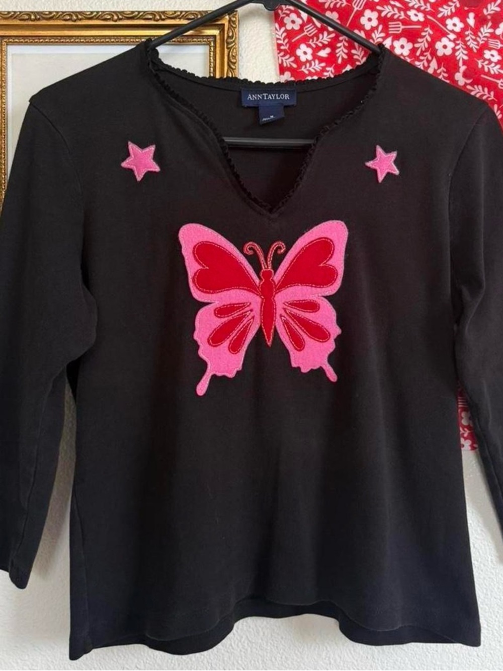 Y2K inspired Butterfly Bug Top Star Details Upcycled Black Blouse Womens Medium